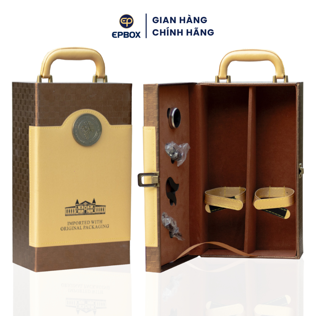 Hộp Đựng Rượu Vang Da Đôi Epvina Box Phối Caro Sang Trọng Kèm 4 Phụ Kiện