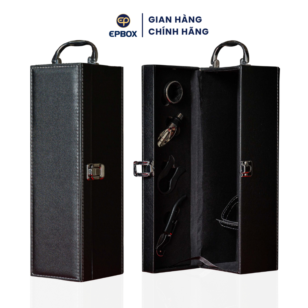 Hộp Đựng Rượu Vang Da Đơn Epvina Box Phối Viền Chỉ Nổi 2 Màu Đen, Nâu