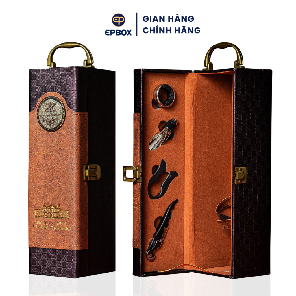 Hộp Rượu Vang Da Đơn Epvina Box Phối Caro Cao Cấp 2 Màu Nâu, Vàng 4 Phụ Kiện