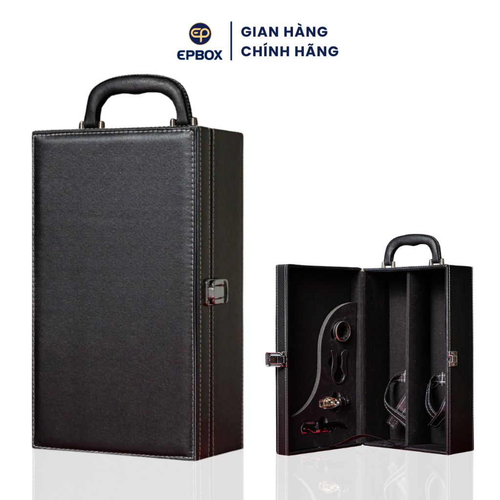 Hộp Đựng Rượu Vang Da Đôi Epvina Box May Viền Chỉ Nổi 2 Màu Đen, Nâu 4 Phụ kiện