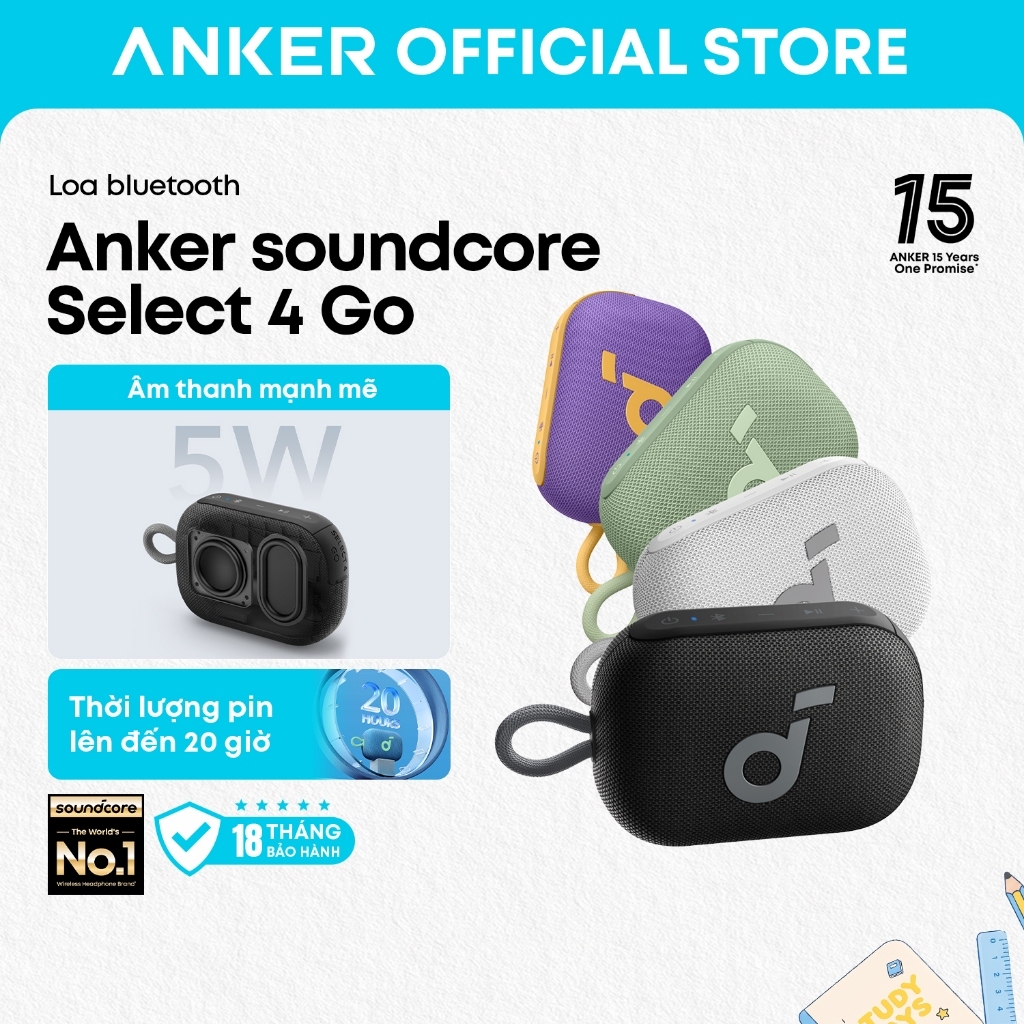 Anker soundcore Loa bluetooth mini Select 4 Go, chống nước chuẩn IP67, thời lượng phát tới 20H, thiết kế cầm ta