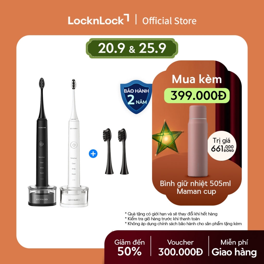Bàn chải đánh răng điện Lock&Lock 4 chế độ, chống nước, sạc không dây ENR346 (màu trắng & màu đen)