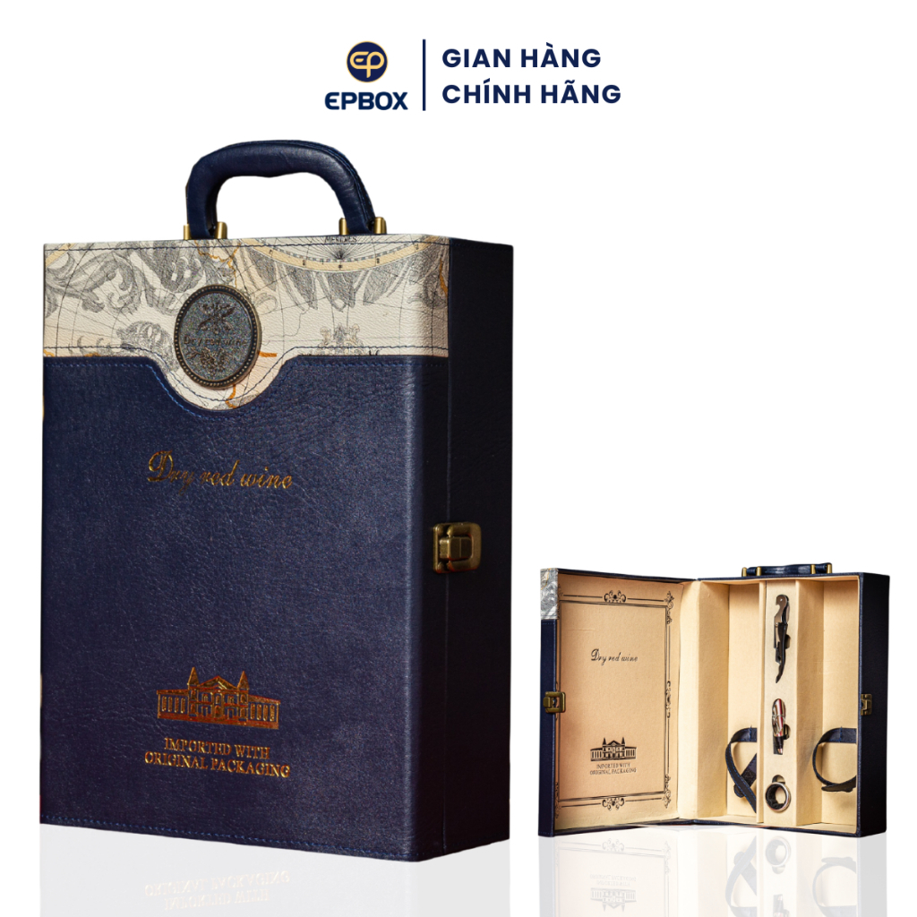Hộp Đựng Rượu Vang Da Đôi Epvina Box Họa Tiết Bản Đồ Trắng Đựng 2 Chai Vang 750ml