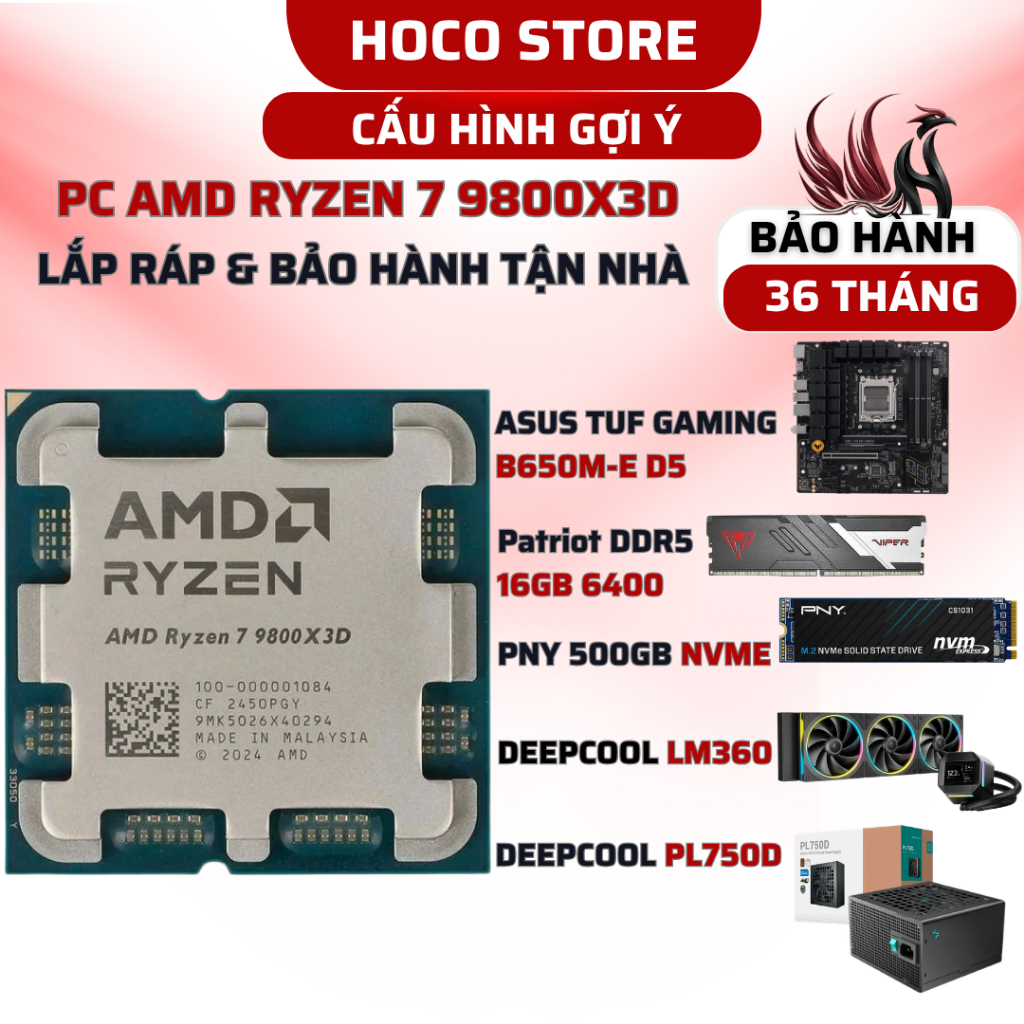 PC AMD Ryzen 7 9800X3D / B650M / SSD 500GB / 16GB 6400MHZ / Bộ PC lắp ráp HOCO CPU Ryzen 7 9800X3D N