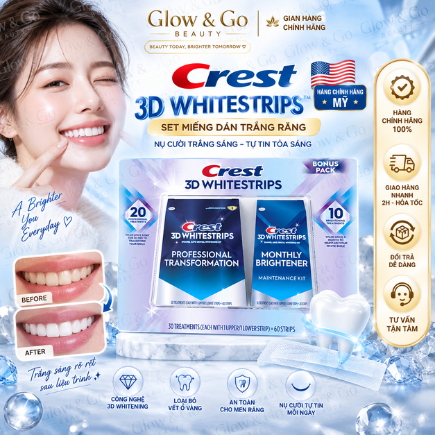 Bộ Miếng Dán Trắng Răng Crest 3D Whitestrips Bonus Pack (Hộp 60 Miếng / 30 Liệu Trình) - Nhập Khẩu M