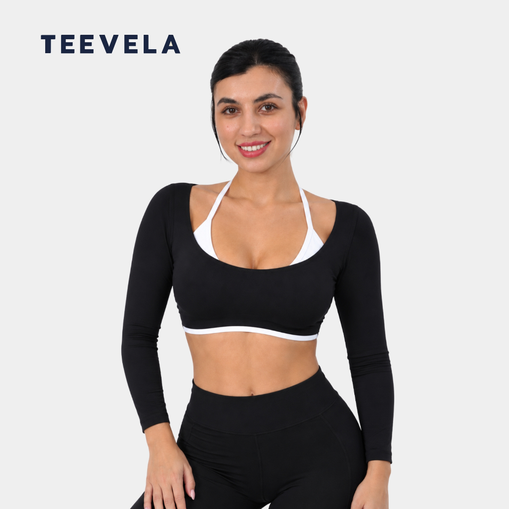 Áo Croptop nữ Aura Layer Teevela tay dài phối layer 2 lớp co giãn, tôn dáng tập gym, yoga, pilates -