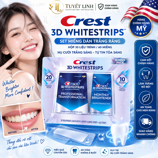 Bộ Miếng Dán Trắng Răng Crest 3D Whitestrips Bonus Pack (Hộp 60 Miếng / 30 Liệu Trình) - Nhập Khẩu M