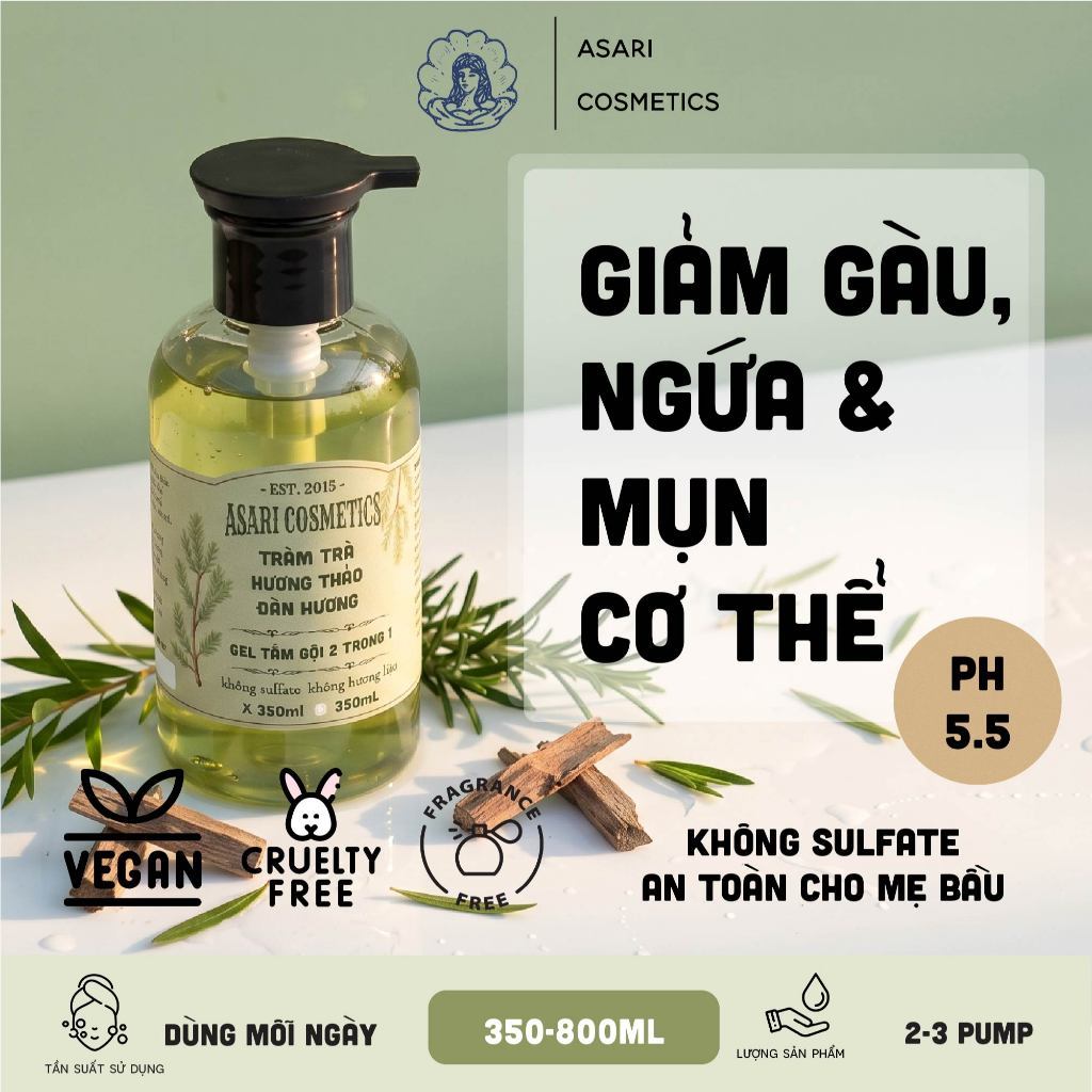 [350-800ml] Gel tắm - gội tinh dầu 2 in 1 Asari Cosmetics không sulfate, không silicone