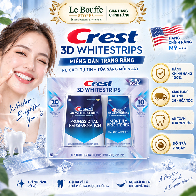 Bộ Miếng Dán Trắng Răng Crest 3D Whitestrips Bonus Pack (Hộp 60 Miếng / 30 Liệu Trình) - Nhập Khẩu M