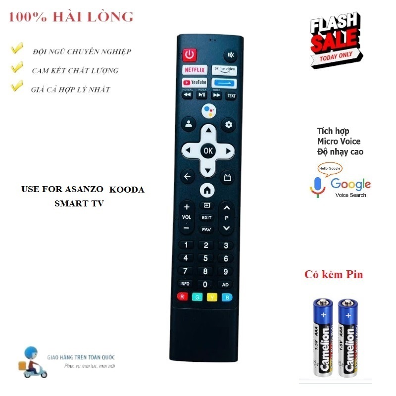 Remote Điều khiển thay thế tương thích cho GIỌNG NÓI Voice TV Asanzo - Kooda TRỤ ĐEN DÀI HÀNG CHẤT LƯỢNG CAO TẶNG PIN