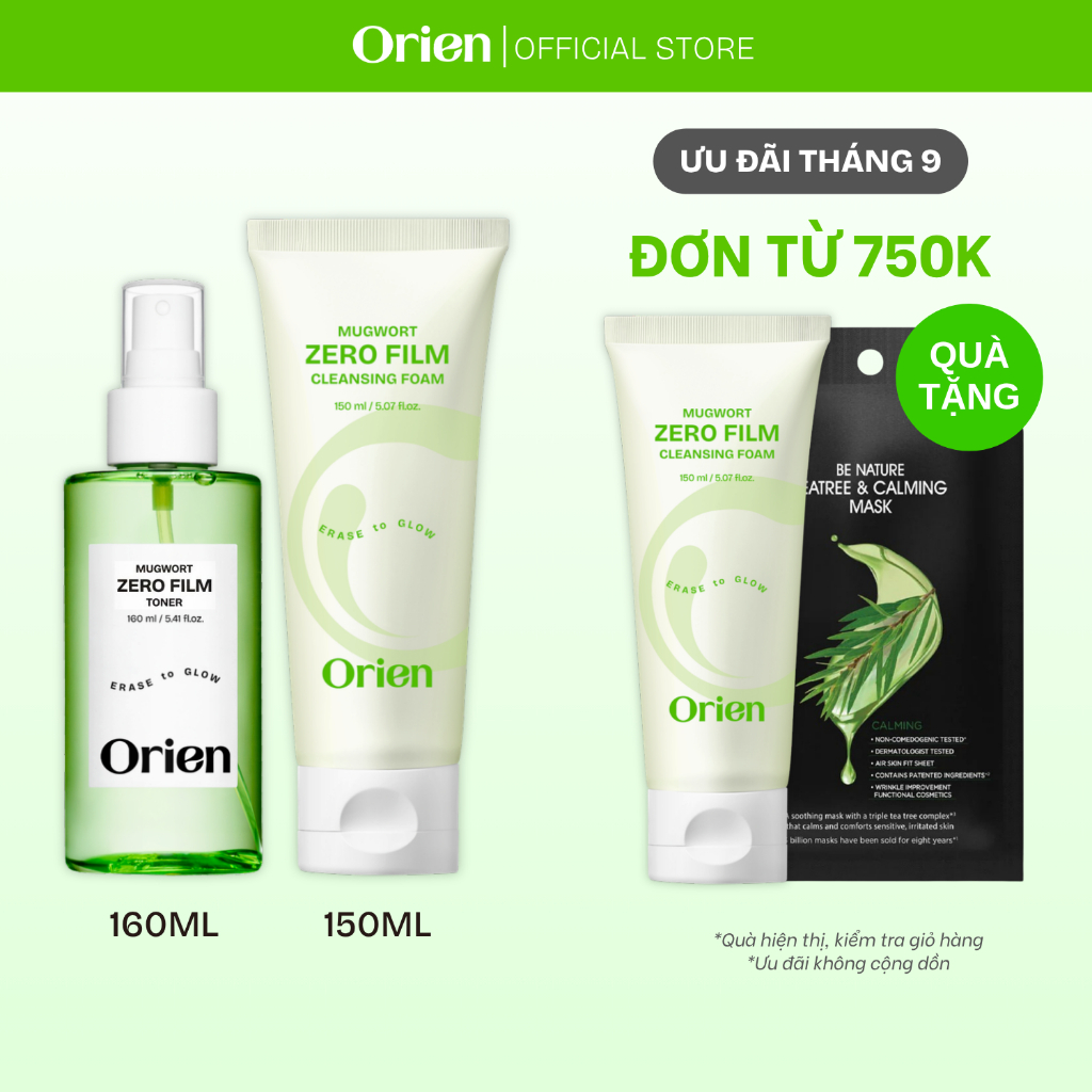 Bộ đôi Orien Mugwort Zero Film Cleansing Foam 150ML + Toner 160ML | Làm sạch & hỗ trợ làm dịu làn da