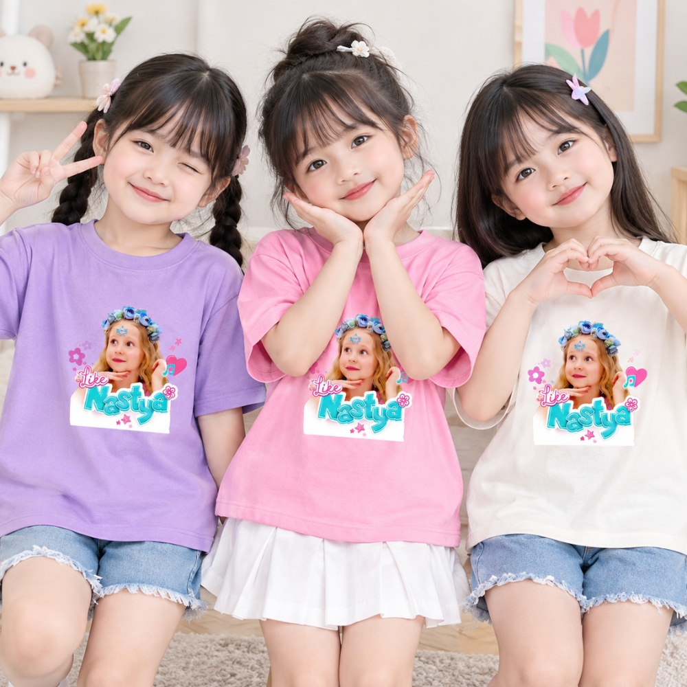 Áo Like Nastya Youtuber cho bé gái, Áo thun trẻ em chất vải poly cao cấp mềm mịn thoáng mát NTSHIRT 