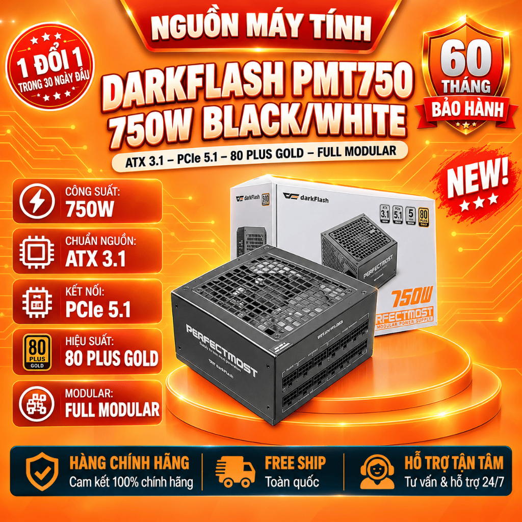 Nguồn Máy Tính Darkflash PMT750 - 750w Black - White (ATX 3.1 - PCIe 5.1 80 Plus Gold - Full Modul)-