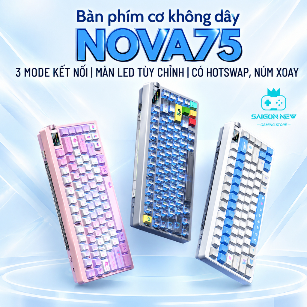 Bàn phím cơ Aula NOVA75 kết nối không dây Bluetooth - Màn Led tùy chỉnh - Hotswap 5pin - LED RGB mạch xuôi