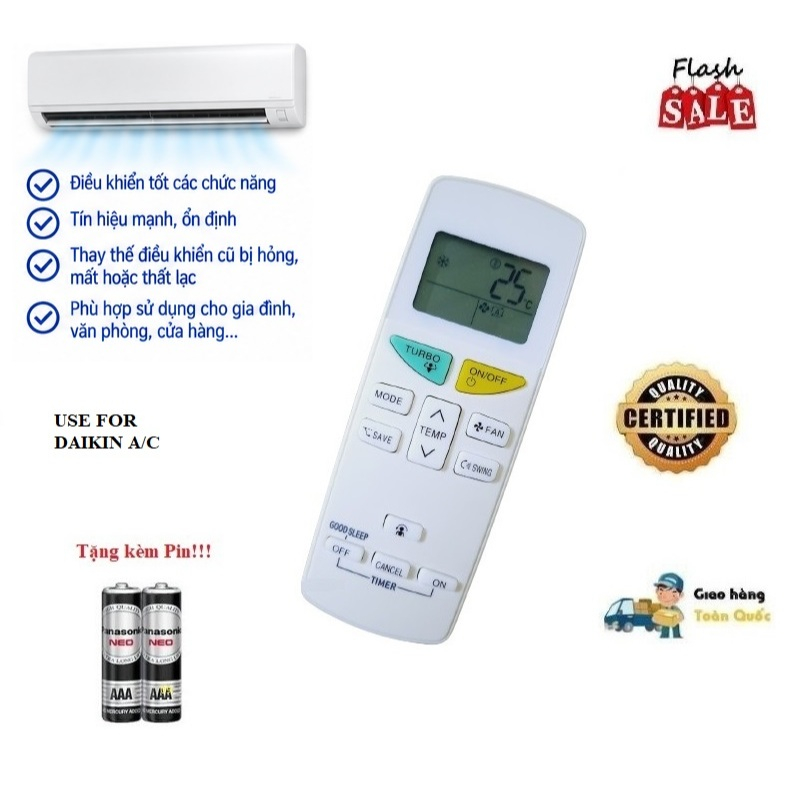 Remote Điều khiển thay thế tương thích cho điều hòa Dai_kin- 12 loại 1&2 chiều Inverter- Hàng tốt mới 100% Tặng Pin