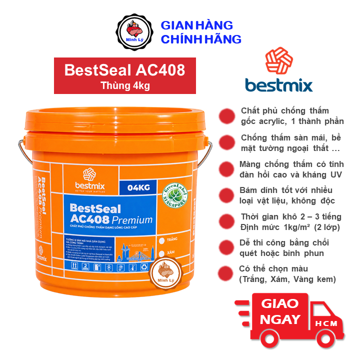 [Hỏa Tốc] Thùng 4Kg Sơn Chống Thấm BestSeal AC408 Nano Acrylic Bestmix Cho Tường, Sàn Mái Ngoài Trời