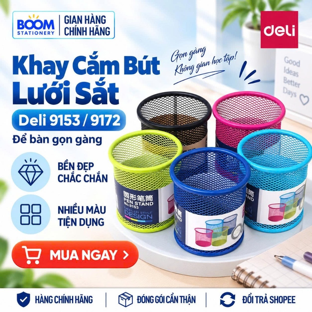 [CHÍNH HÃNG] Khay Cắm Bút Sắt Tròn Deli 9153 / 9172 – Ống Cắm Viết Lưới Sắt E9153 / E9172 Để Bàn