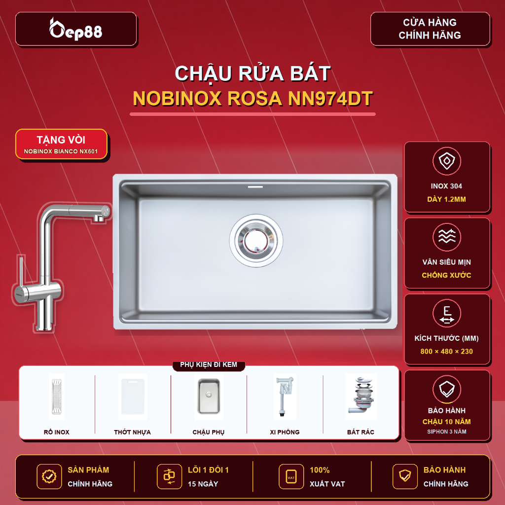 CHẬU RỬA BÁT 1 HỐ NOBINOX ROSA NN974DT | Hàng chính hãng