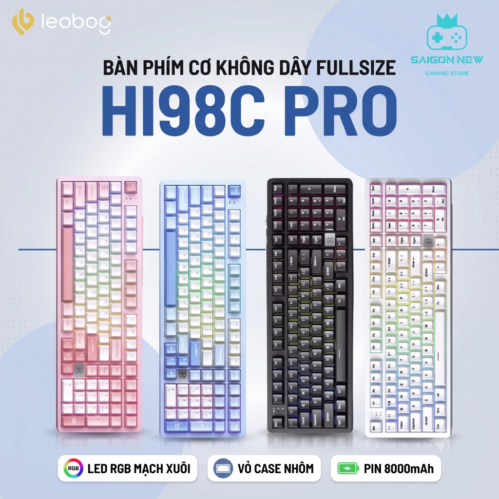 Bàn phím cơ không dây fullsize Leobog HI98C Pro - Pin 8000mAh - 3 mode kết nối - LED RGB, Khung nhôm