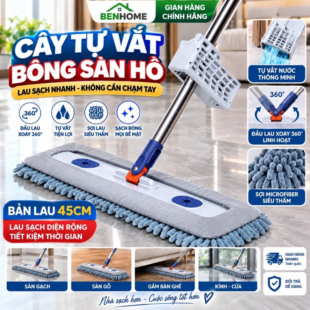 Chổi lau nhà thông minh xoay 360 độ kèm bông lau  cán dài tự vắt