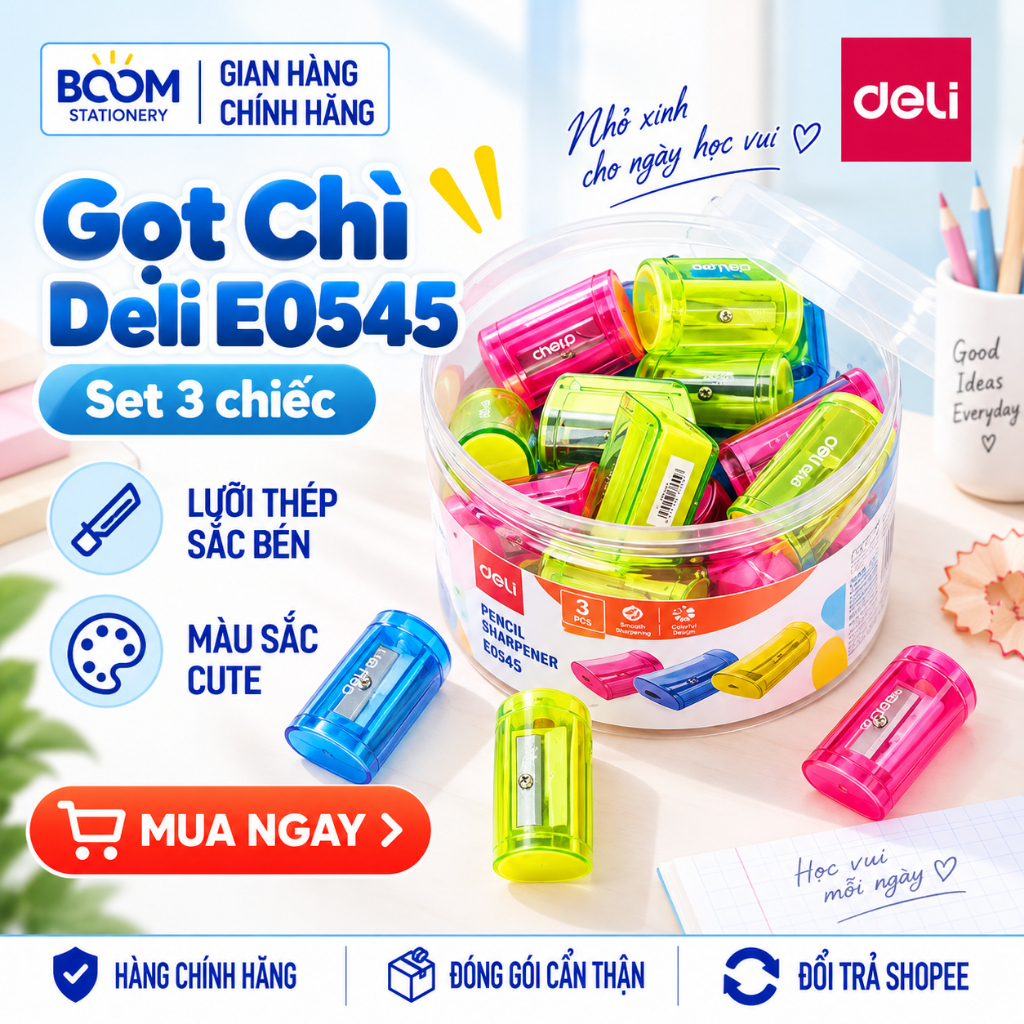 [CHÍNH HÃNG] Set 3 Gọt Chì Deli E0545 / 0545 – Chuốt Bút Chì Sắc Bén, Màu Sắc Cute Cho Học Sinh