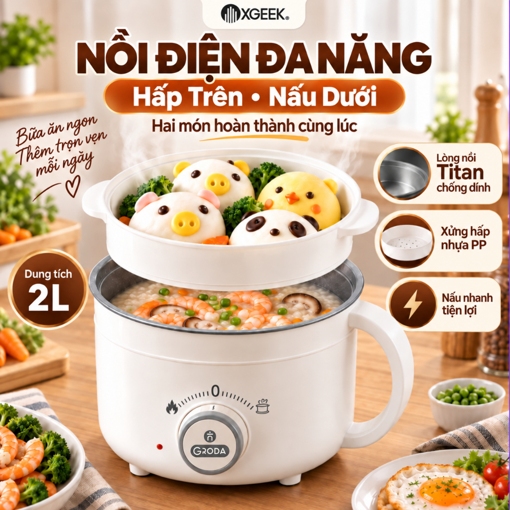 Nồi Lẩu Điện Mini GROPA 2L Titan Chống Dính Kèm Xửng Hấp PP Nấu Lẩu, Chiên…