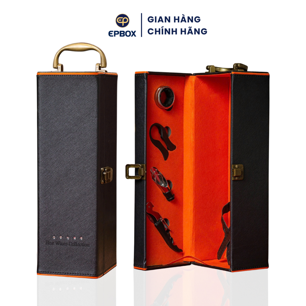 Hộp Đựng Rượu Vang Da Đơn Epvina Box Màu Đen Viền Cam 4 Phụ Kiện