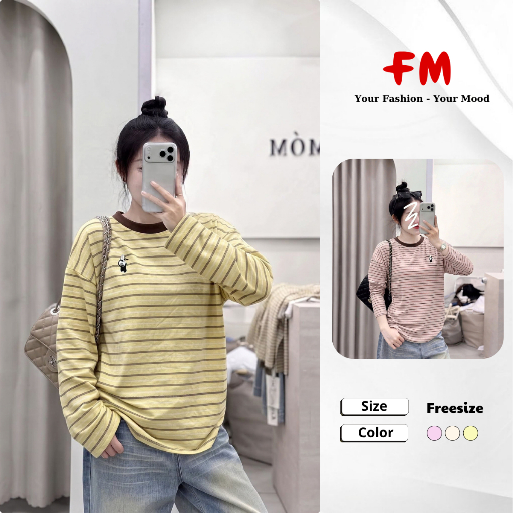 Áo Thun Giấy Nữ FMSTYLE Oversize tay dài sọc thêu gấu đủ màu siêu xinh 26080644