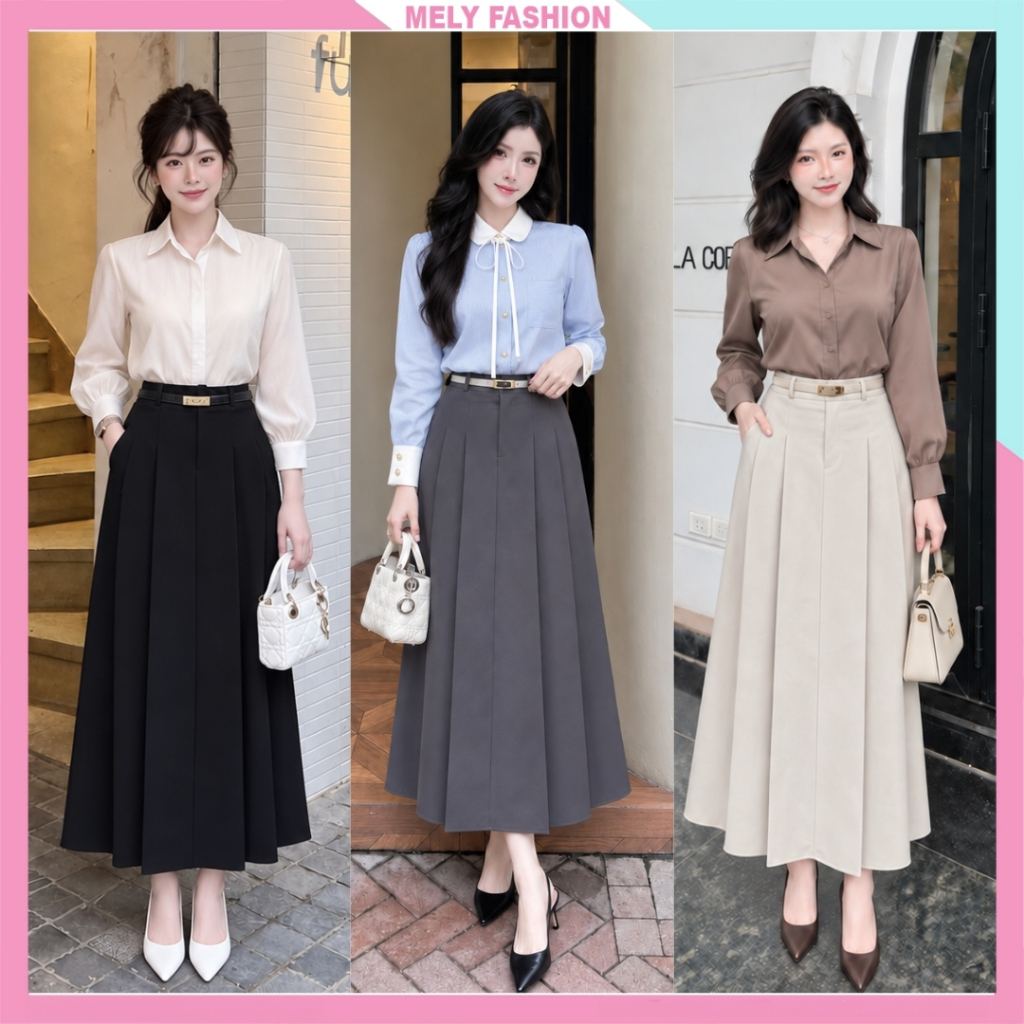 Chân váy xếp ly dáng dài Mely Fashion dài qua gối 90cm xòe chữ A có túi cạp cao chiết eo tôn dáng ch