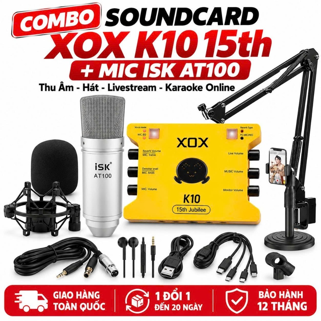 Combo Mic Thu Âm Livestream XOX K10 15th 2025 + Micro ISK AT100, Sound Card Hát Karaoke Livestream T