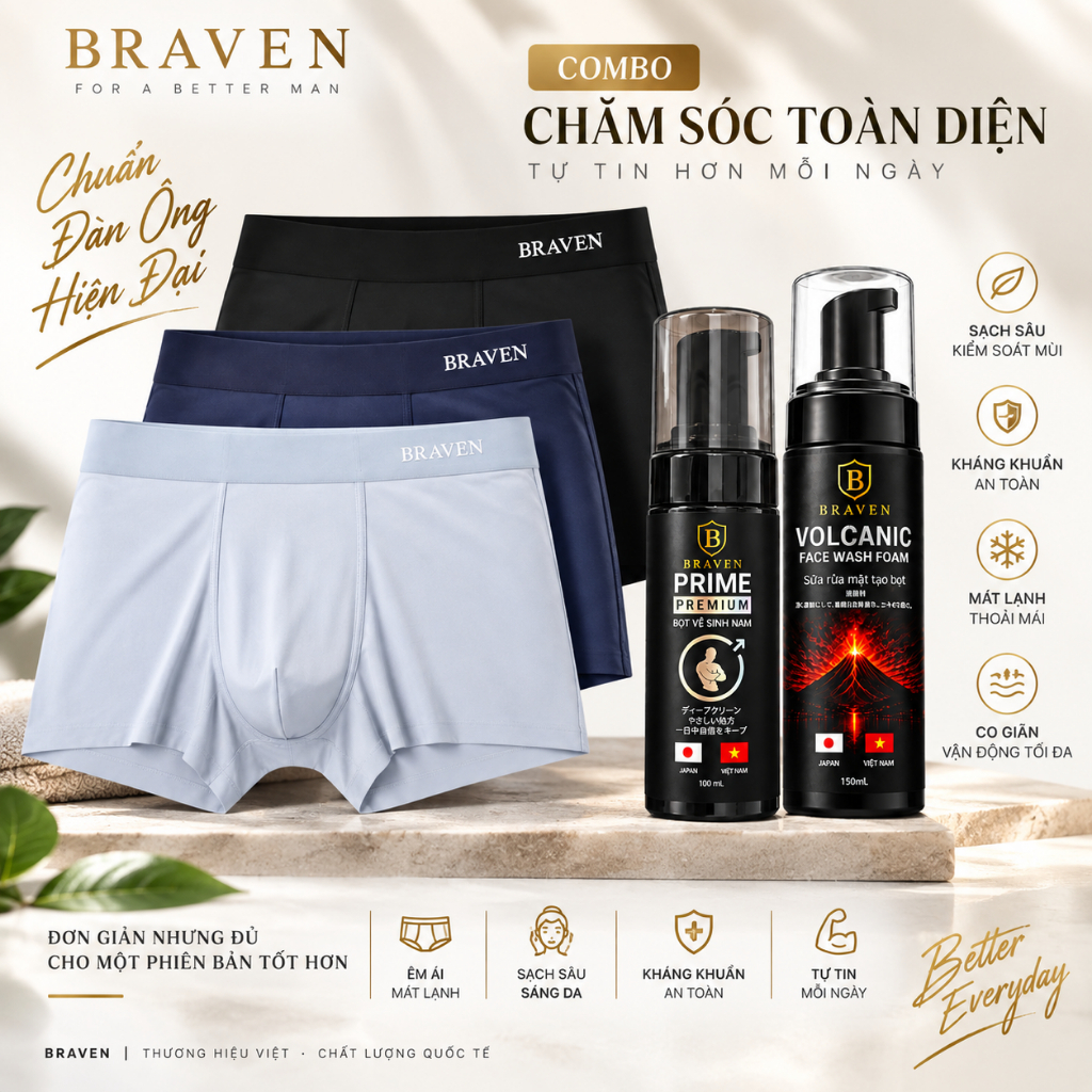 [SET QUÀ TẶNG NAM] BRAVEN Bọt Vệ Sinh Nam + Bọt Rửa Mặt Nam + Quần Boxer Nam | Bộ Chăm Sóc Cá Nhân C