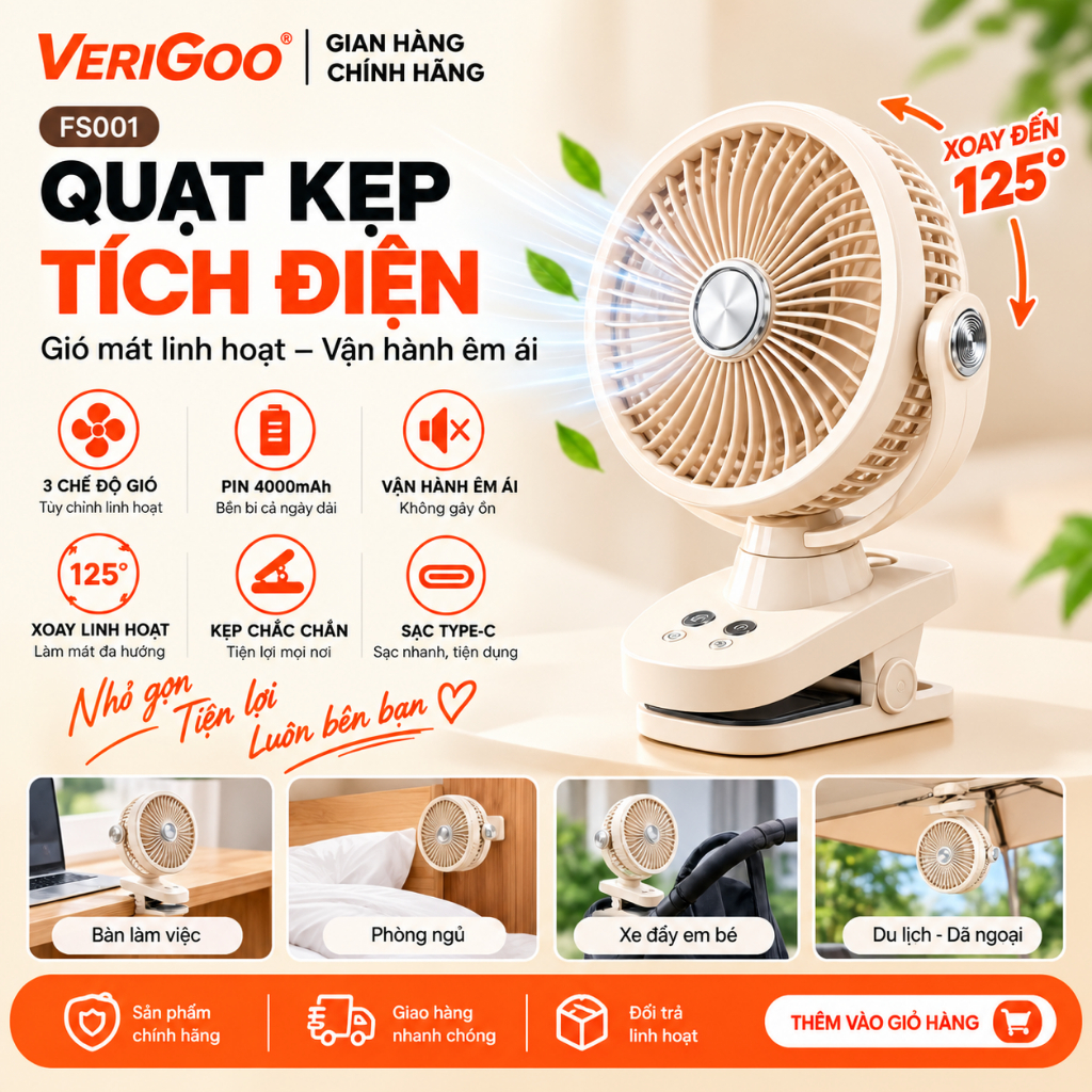 Quạt Kẹp Tích Điện FS001 WEZEN x VERIGOO Xoay 360°, 3 Cấp Gió, Pin 4000mAh Êm Ái