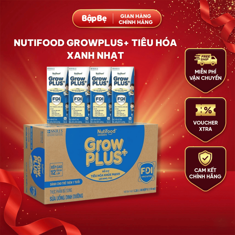 Thùng 48 Hộp Nutifood GrowPLUS+ Tiêu Hóa Xanh Nhạt – Sữa Pha Sẵn Hỗ Trợ Tăng Cân, Chiều Cao – 110ml/180ml
