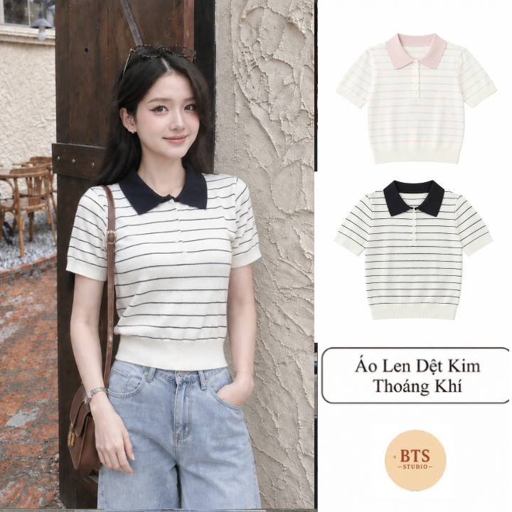 Áo Len Polo Dệt Kim Kẻ Ngang Basic Co Dãn LN56 Thiết Kế Thanh Lịch Nữ Tính Dễ Phối Outfit
