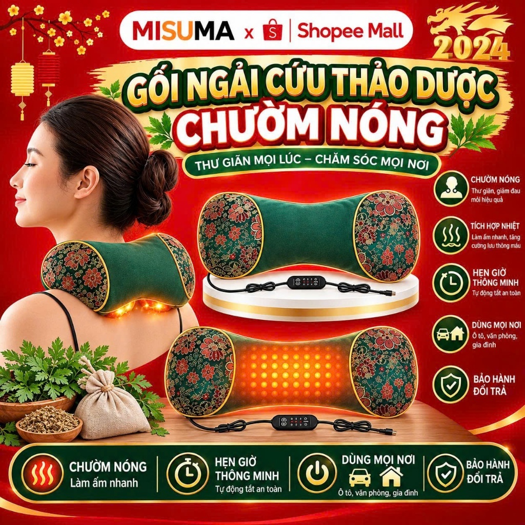 Gối Ngải Cứu Điện Chườm Nóng Giảm Đau Vai Gáy Hương Thơm Thảo Dược Dễ Chịu,Gối…