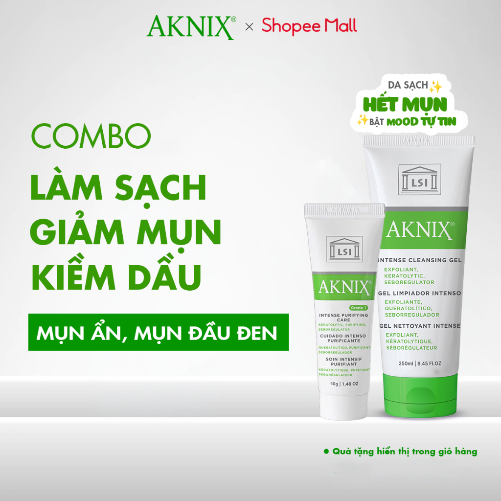 Combo Kem mụn AKNIX PURIFYING 40g + Sữa Rửa Mặt AKNIX INTENSE 100ml  Giảm Mụn Đầu Đen, Mụn Ẩn, Sợi B