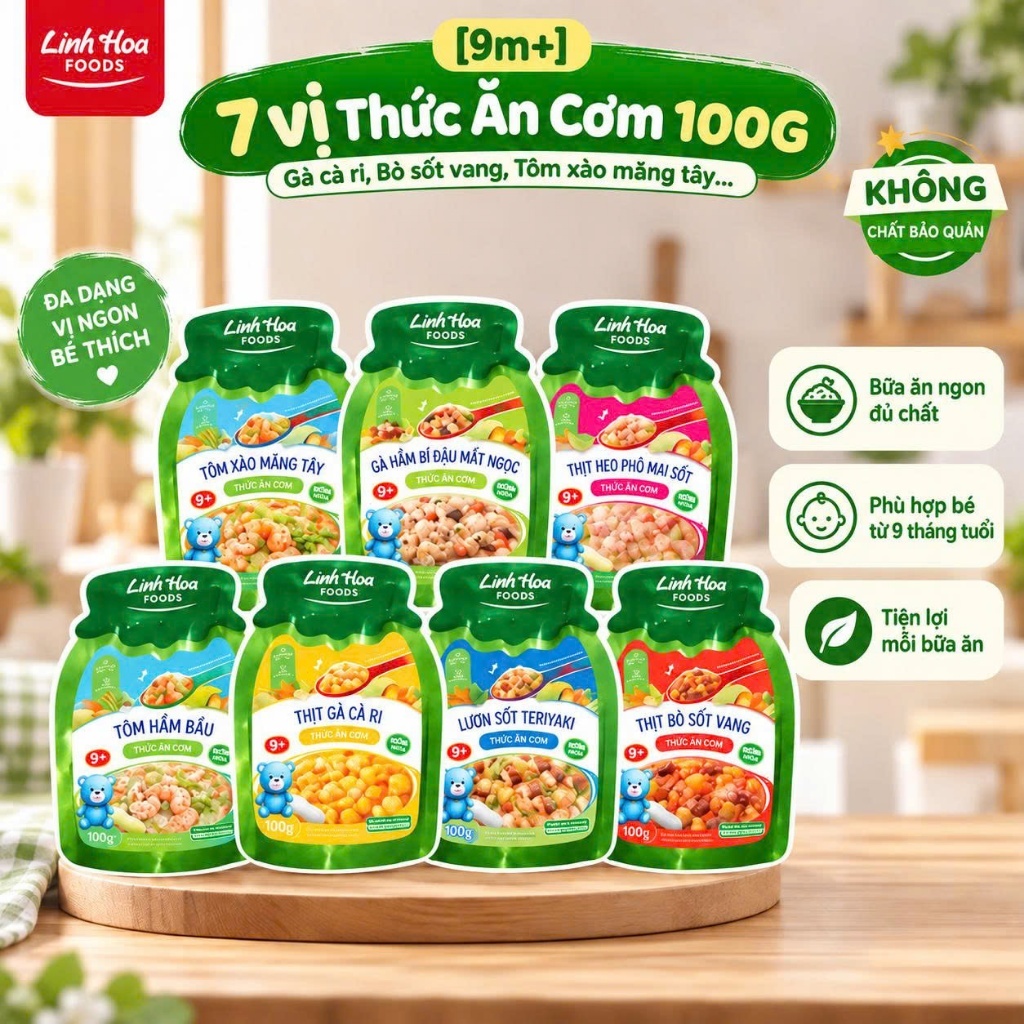 7 vị Thức Ăn Cơm 100g (Gà cà ri, Bò sốt vang, Tôm xào măng tây...) - Linh Hoa Foods