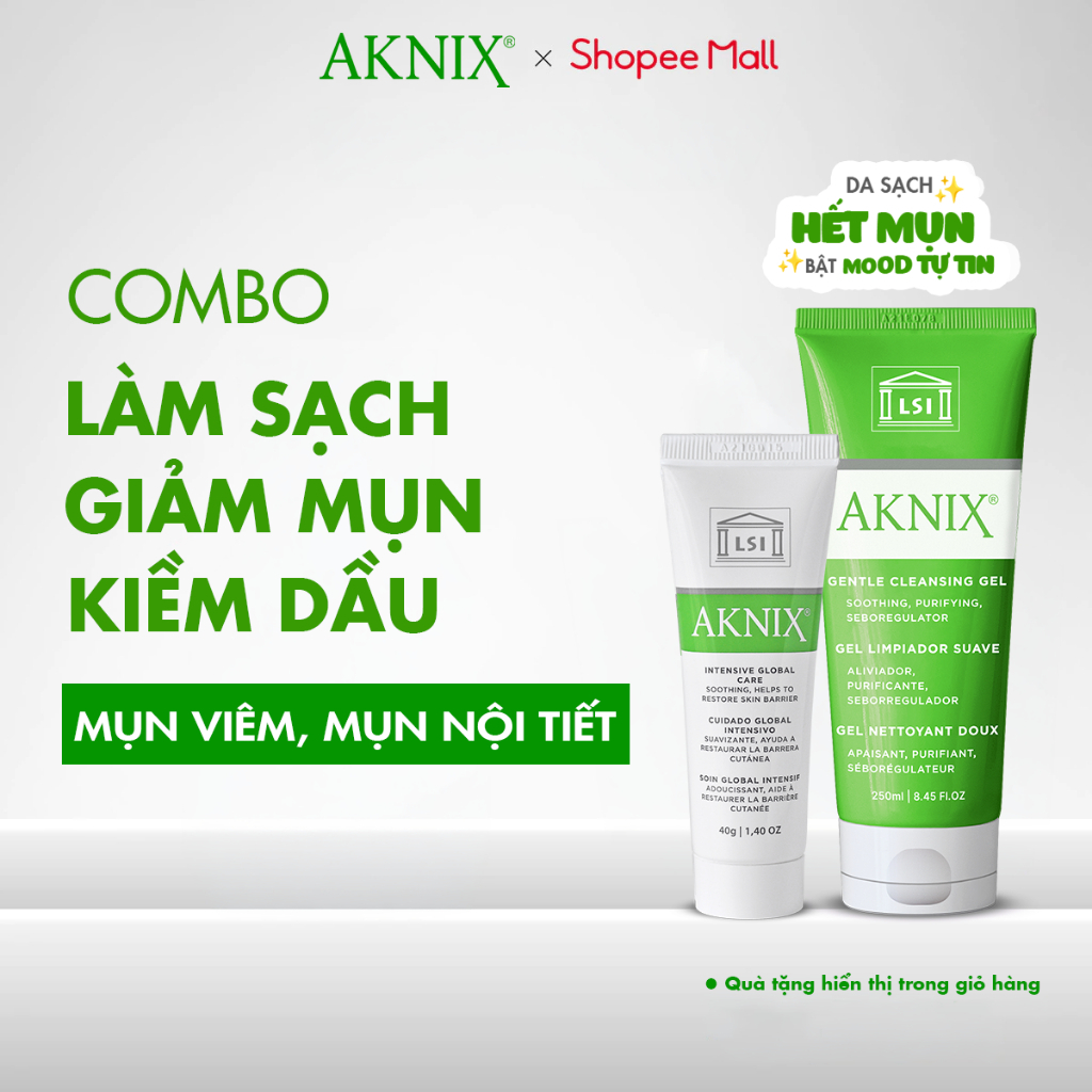 Combo Kem Mụn Aknix Global 40g, Sữa Rửa Mặt Aknix Gentle 100ml, 250ml Cho Da Nhạy Cảm, Mụn Viêm, Mụn