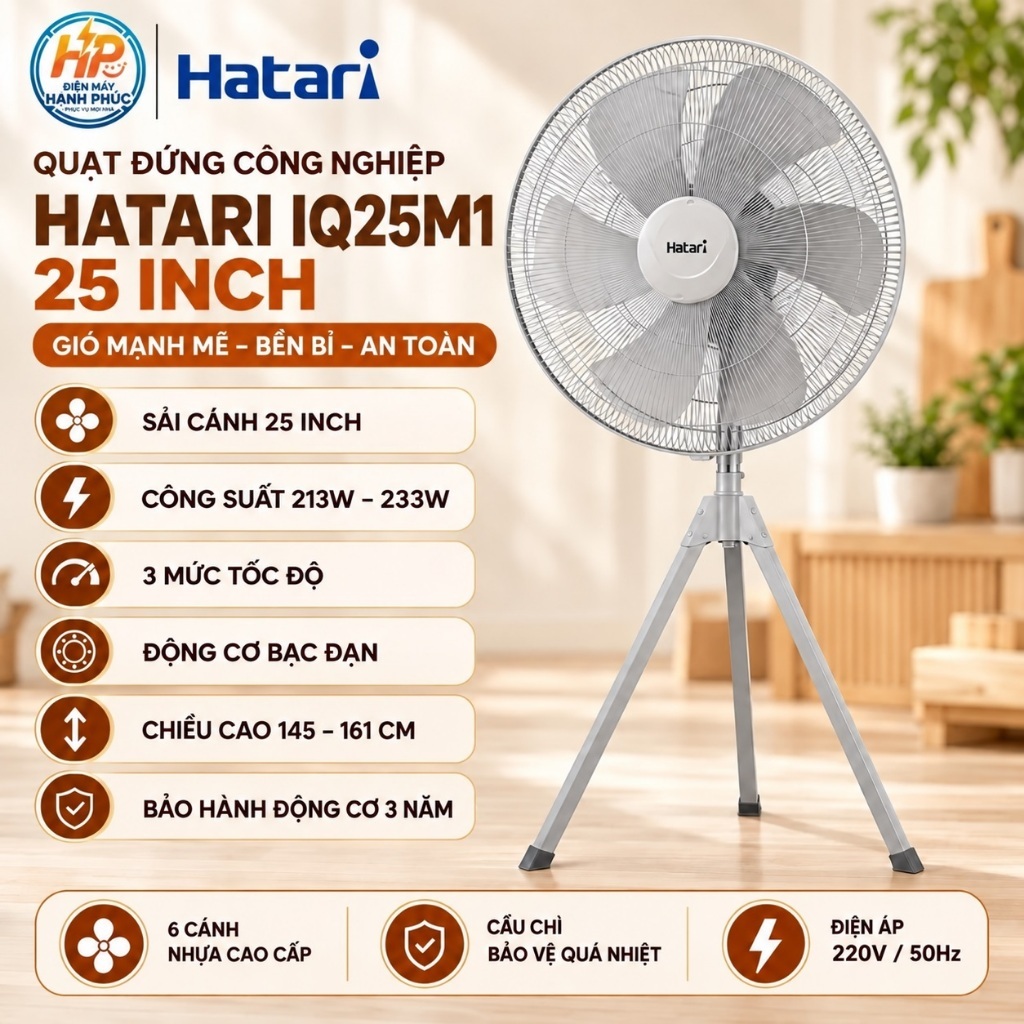 Quạt đứng công nghiệp Thái Lan Hatari IQ25M1, sải cánh 25" , quạt dùng cho xưởng sản xuất, diện tích