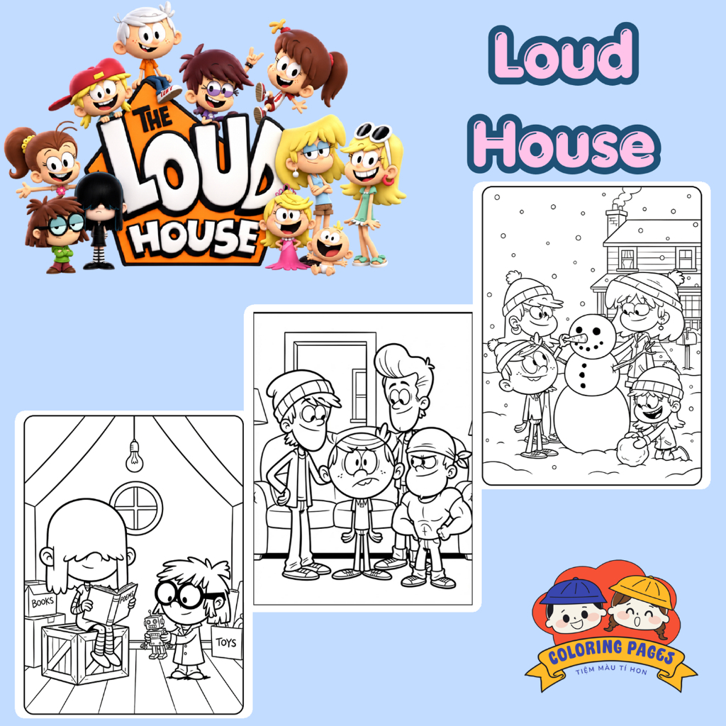 Combo 50/25 tờ tranh tô màu, tranh tập tô cho bé hình phim Ngôi nhà náo nhiệt Loud House giấy A4, A5