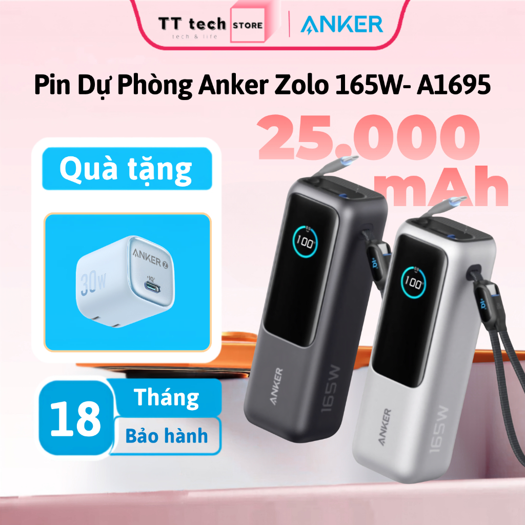 Sạc dự phòng Anker Zolo Power Bank A1695, 25000mAh, Công suất 165W -Tích hợp cáp Type C tiện lợi rút