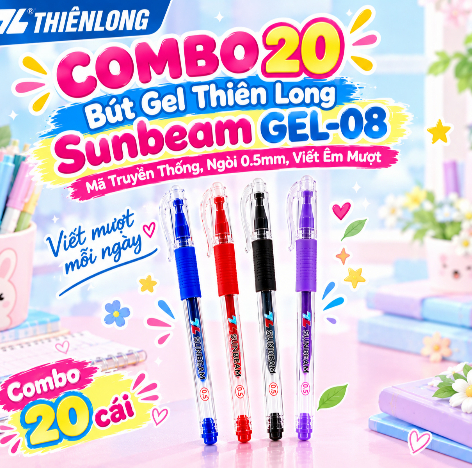 Combo 20 Bút gel Thiên Long Sunbeam GEL-08 - Bút mực nước, ngòi 0.5mm, nét…