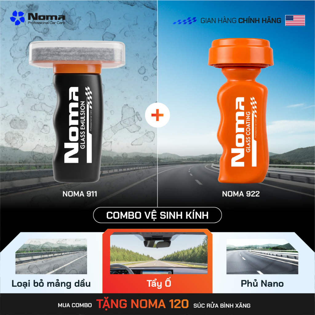 Combo NOMA 911 & 922 Tẩy Ố & Phủ Nano Kính Ô Tô – Xóa Màng Dầu, Chống Bám Nước, Kính Trong Không Lóa