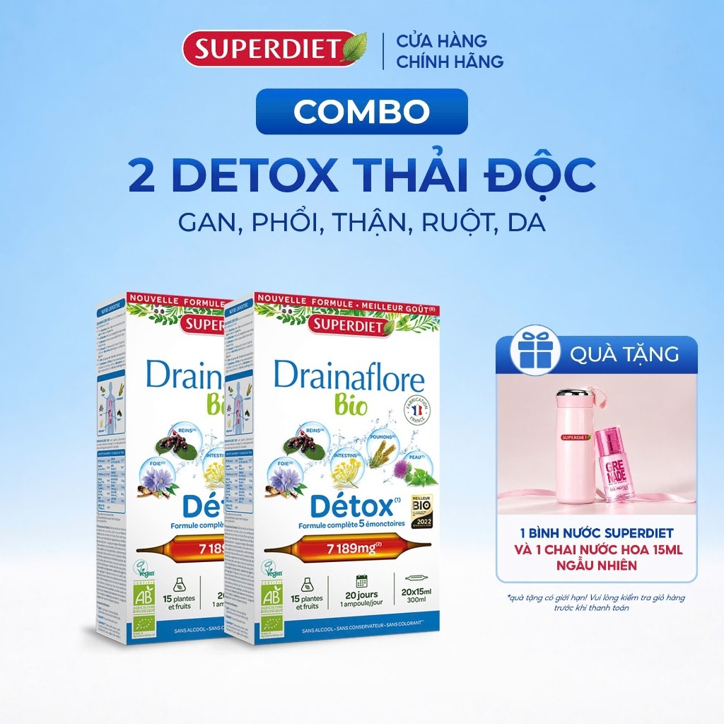 [COMBO 2] Thải độc 5in1 SUPERDIET Pháp Drainaflore Bio hỗ trợ thải độc Da, Thận, Phổi, Ruột, Gan 20 