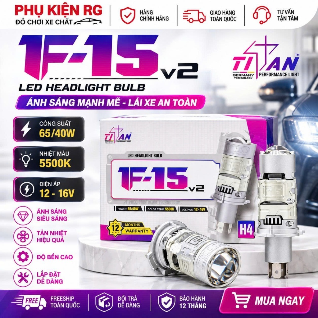 Đèn Bi Led Mini Titan F15 V2 Chân H4 40W/65W Lắp Đặt Như Zin,  Ánh Sáng Tốt Nhiệt Màu 5500K - Bảo Hà
