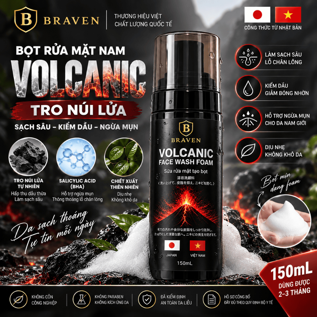 BRAVEN VOLCANIC Bọt Rửa Mặt Nam 150ml | Tro Núi Lửa Làm Sạch Sâu Kiềm Dầu