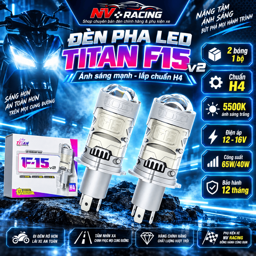Đèn Pha LED Titan F15 V2 Bi LED Mini Chân H4 65W/40W 5500K Cho Xe Máy Chính Hãng Lắp Đặt Dễ Dàng
