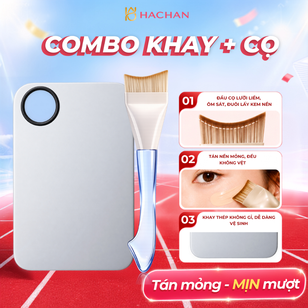 Combo cọ tán nền lưỡi liềm và khay tán nền HACHAN tiện lợi, tán nhanh, giúp lớp nền mỏng mịn