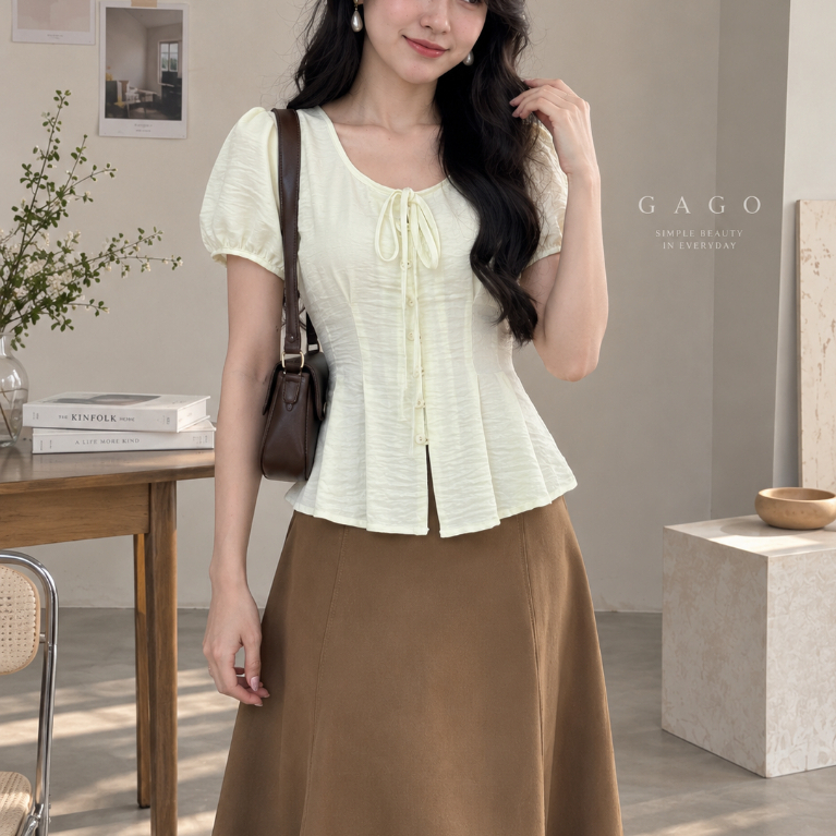 Áo Cổ Vuông Gài Nút GAGO Brand Thời Trang Nữ Hot 2026 Tay Phồng VảiĐũi Hạn Chế Nhăn Bigsize Du Lịch 