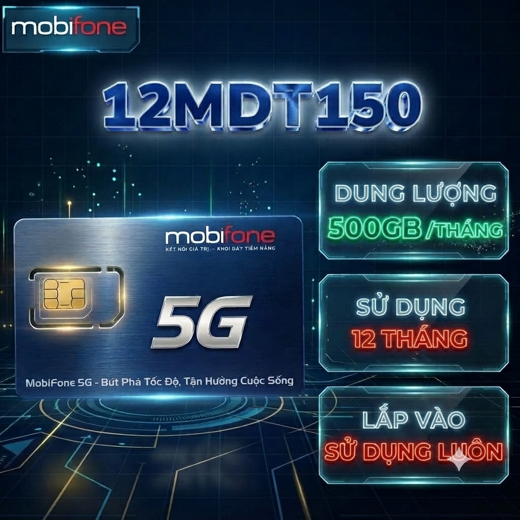 👑 [Sim Giá Rẻ] 12MDT150 - Sim 5G Mobifone - 500GB/tháng U1500 Có hỗ trợ esim. Dùng 1 năm sim vào mạn